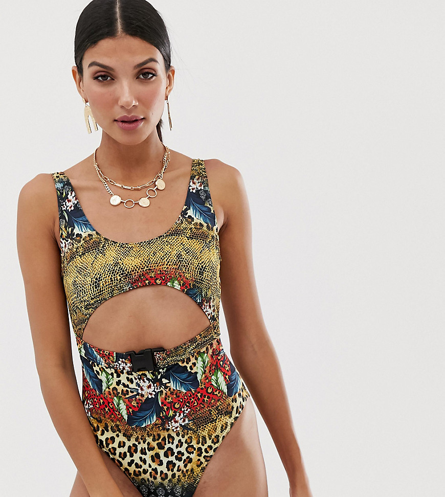 ASOS DESIGN Tall recycled buckle waist swimsuit in leopard tropical print