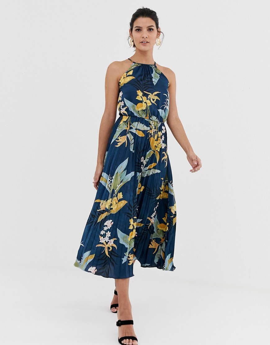 Liquorish midi dress with pleated skirt in floral print