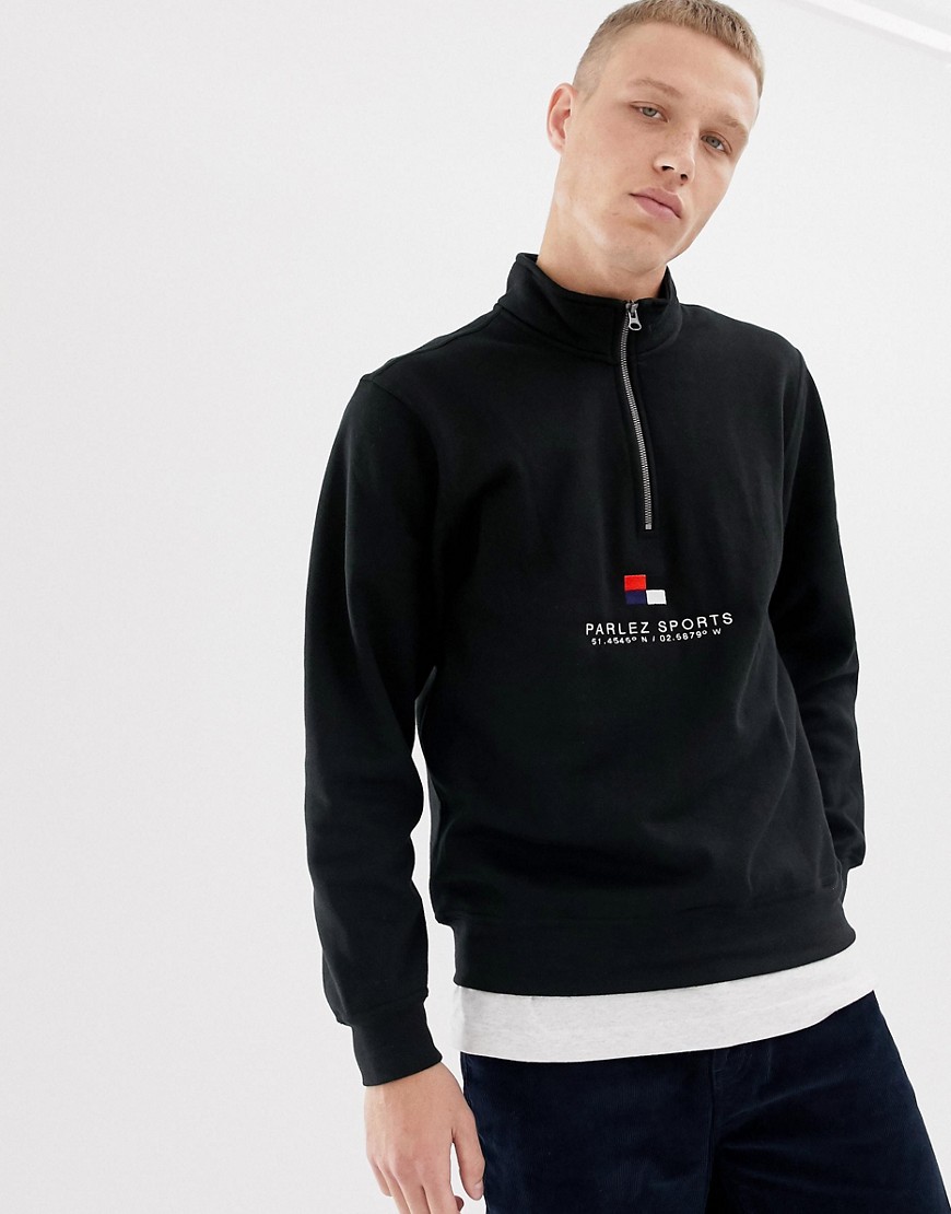 Parlez Corpen 1/4 zip sweatshirt with embroidered chest logo in black