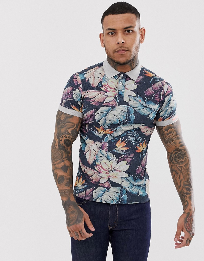 Replay washed dark flower print polo with contrast collar