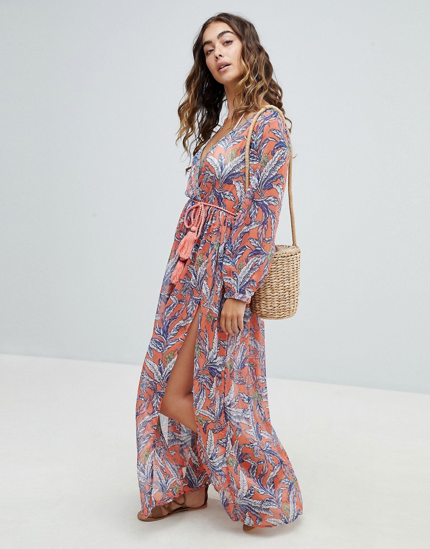 America & Beyond Maxi Beach Dress With Leaf Print - Multi