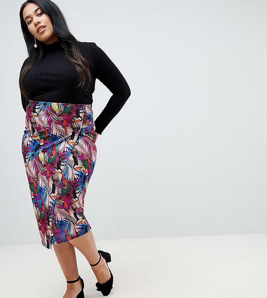 Lost Ink Plus Pencil Skirt In Tropical Print With Side Tabs