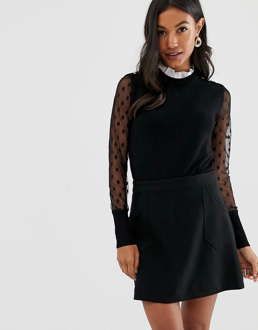 Morgan fine rib knitted jumper with dobby lace sleeve and ruffle neck detail in black