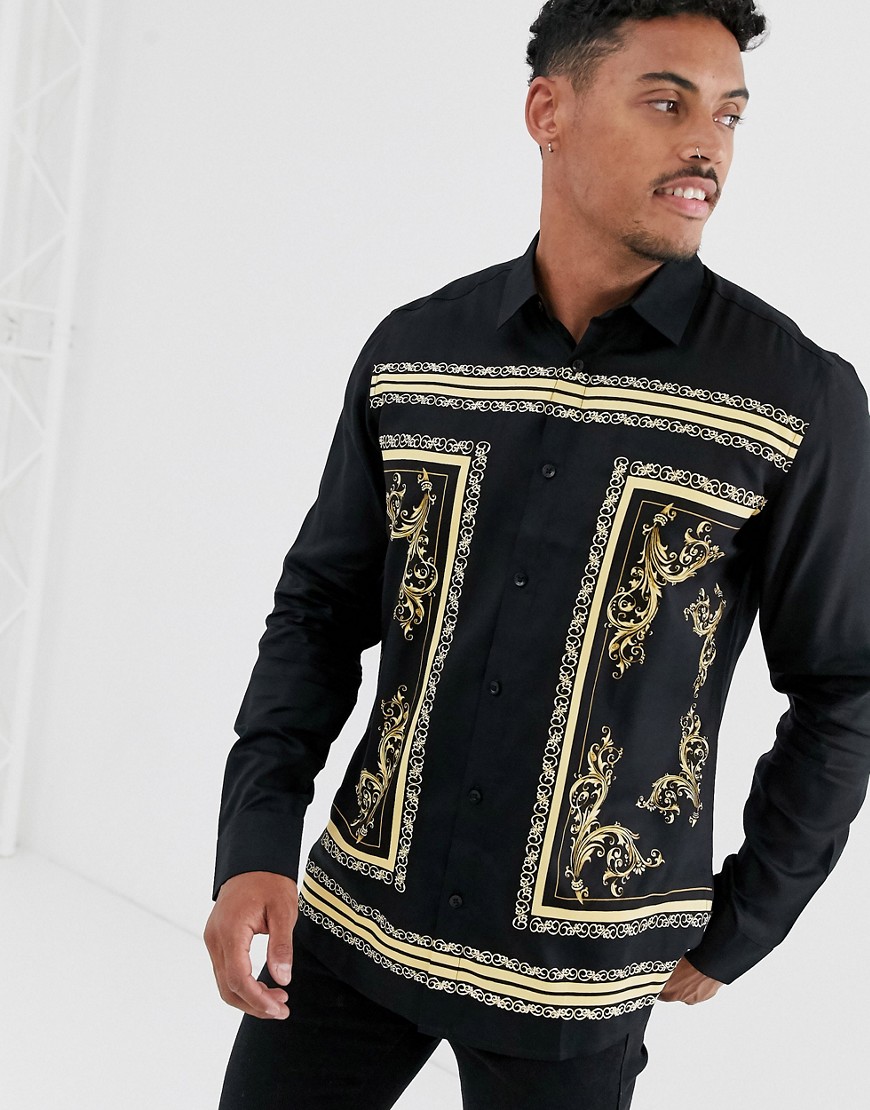 Only & Sons baroque patterned shirt in black