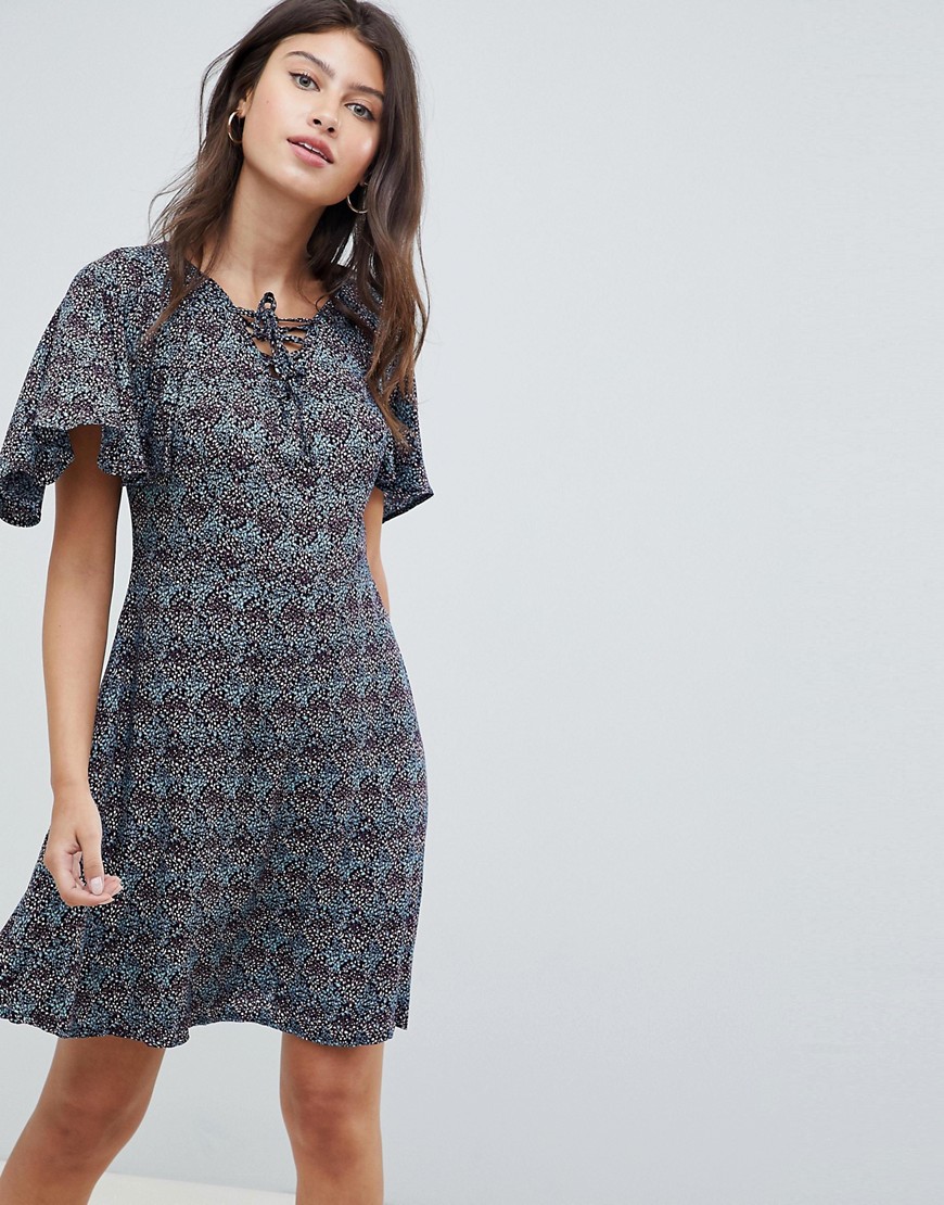 Rage Lace Up Front Frill Sleeve Dress