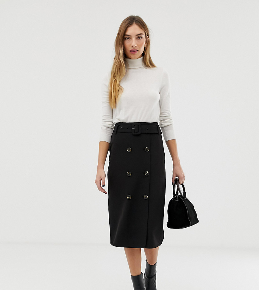 Warehouse midi pencil skirt with double button detail in black