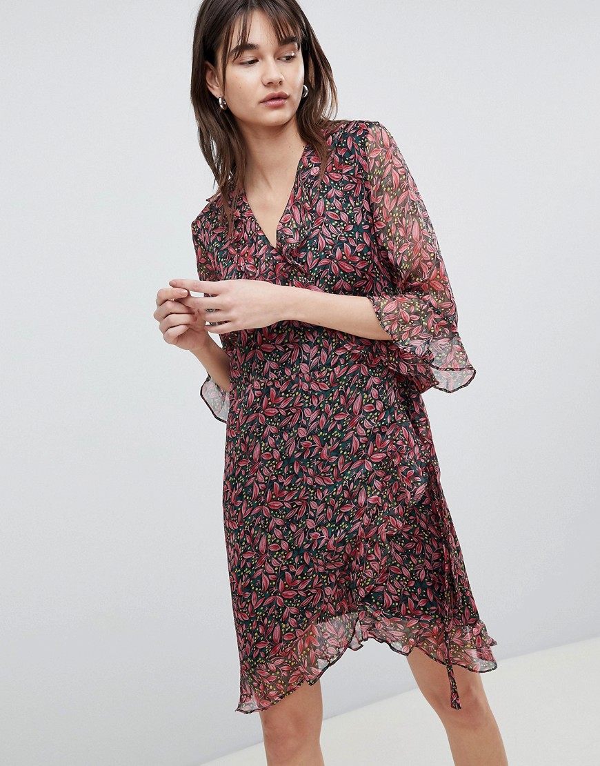 Selected Femme Printed Wrap Dress With Ruffles