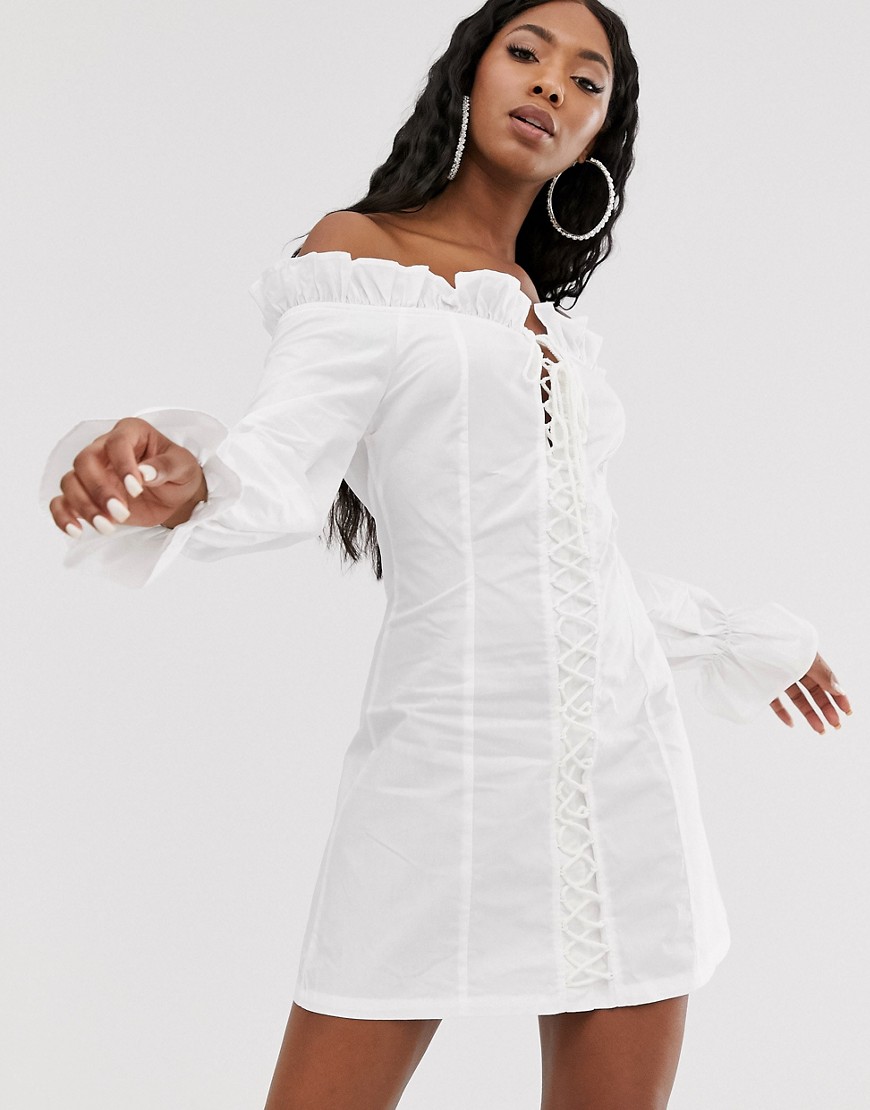 Public Desire structured bardot mini dress with lace up front in cotton