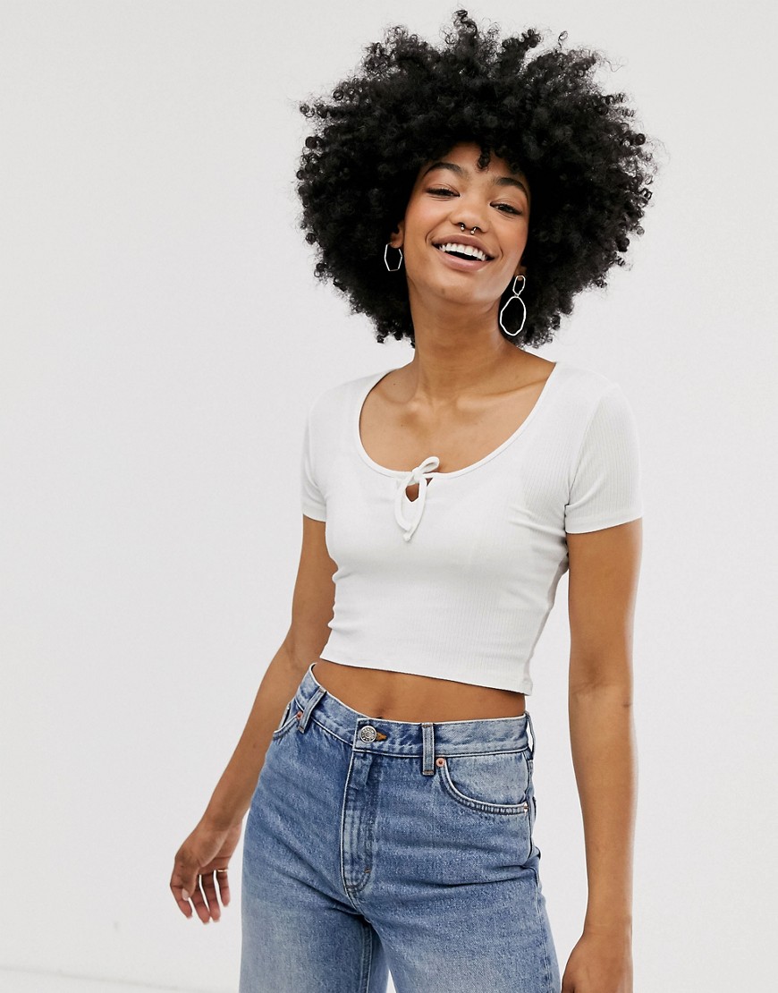 Monki cropped top with tie detail in white