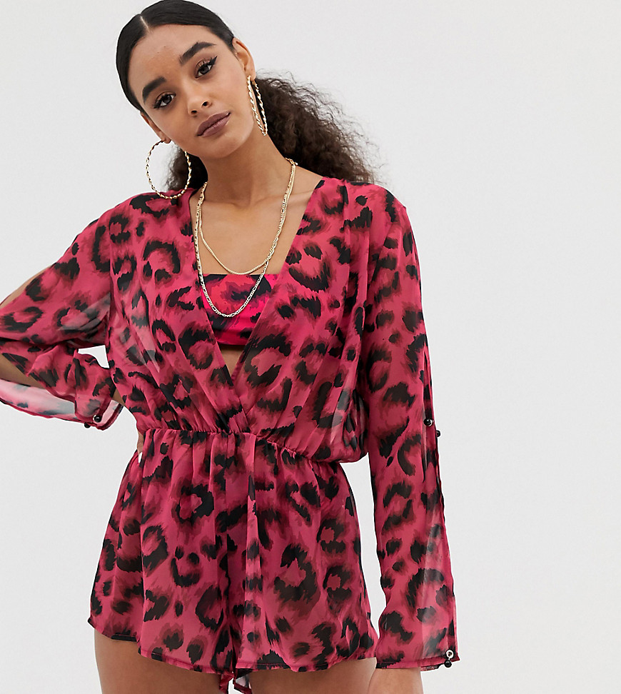 Missguided exclusive plunge beachwear playsuit in pink leopard