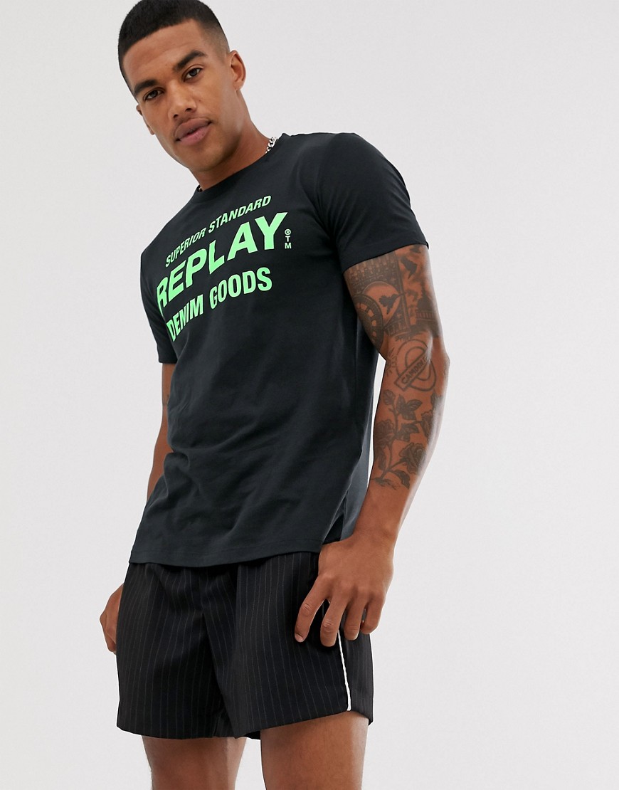 Replay fluro logo t-shirt in navy and green