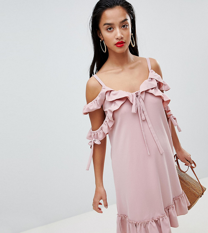 Lost Ink Petite Shift Dress With Ruffle Cold Shoulder Detail In Textured Fabric