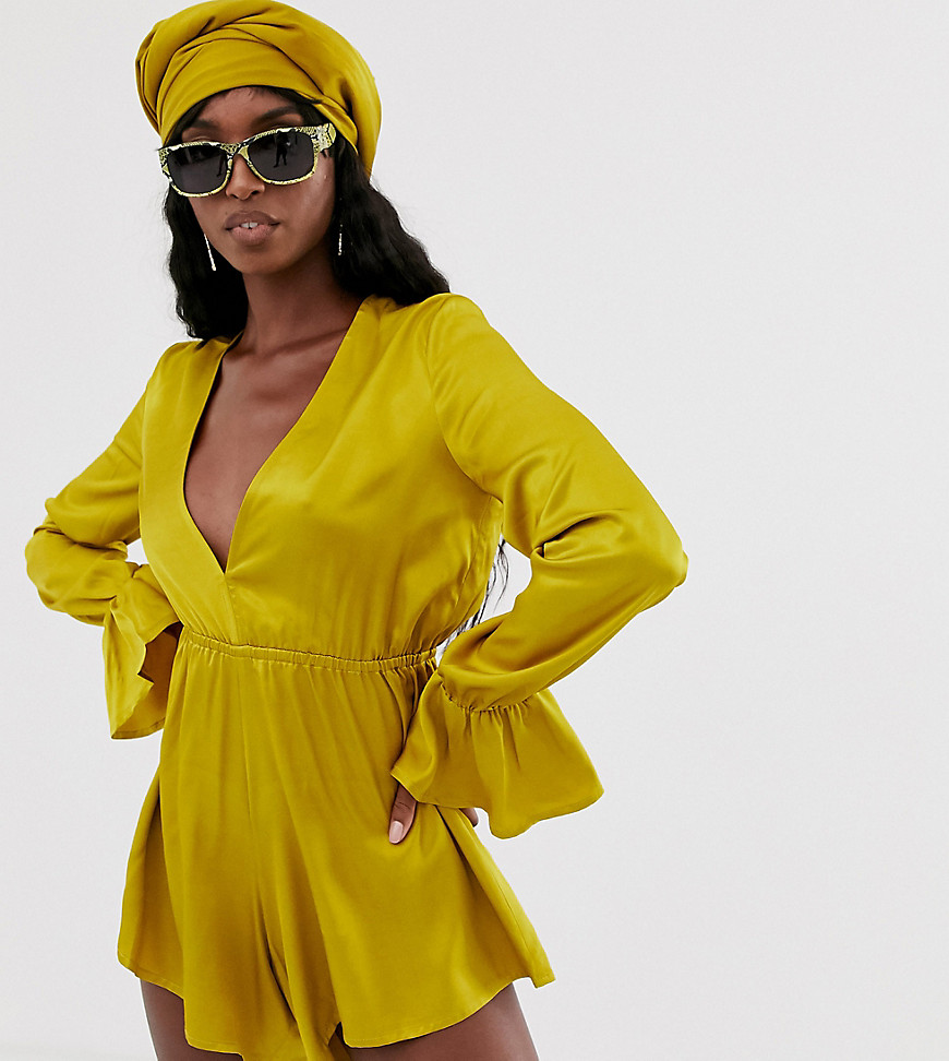 TTYA plunge front playsuit with fluted sleeve detail in rich yellow