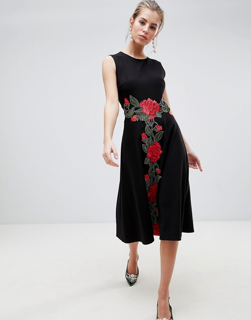 Traffic People Shift Midi Dress With Rose Embroidery - Black