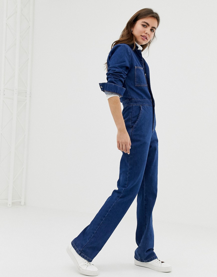 ASOS DESIGN flare boilersuit with patch pockets in midwash blue
