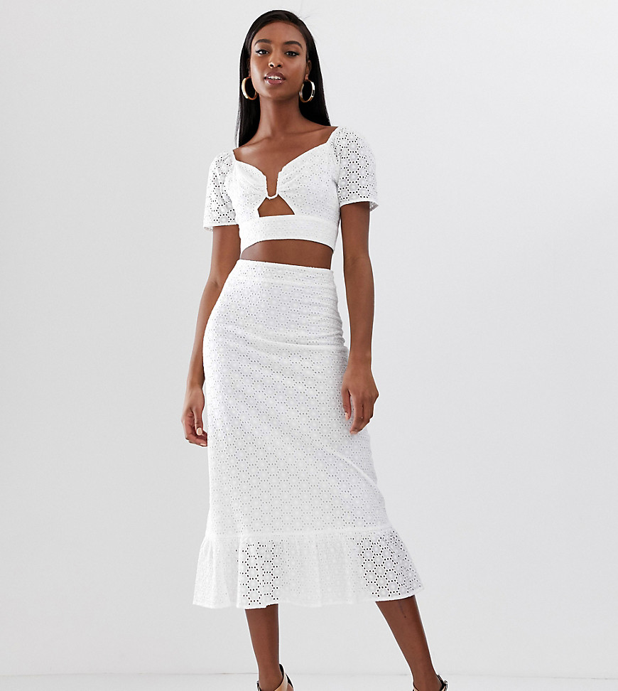 Fashion Union Tall midi skirt with peplum hem in broderie co-ord