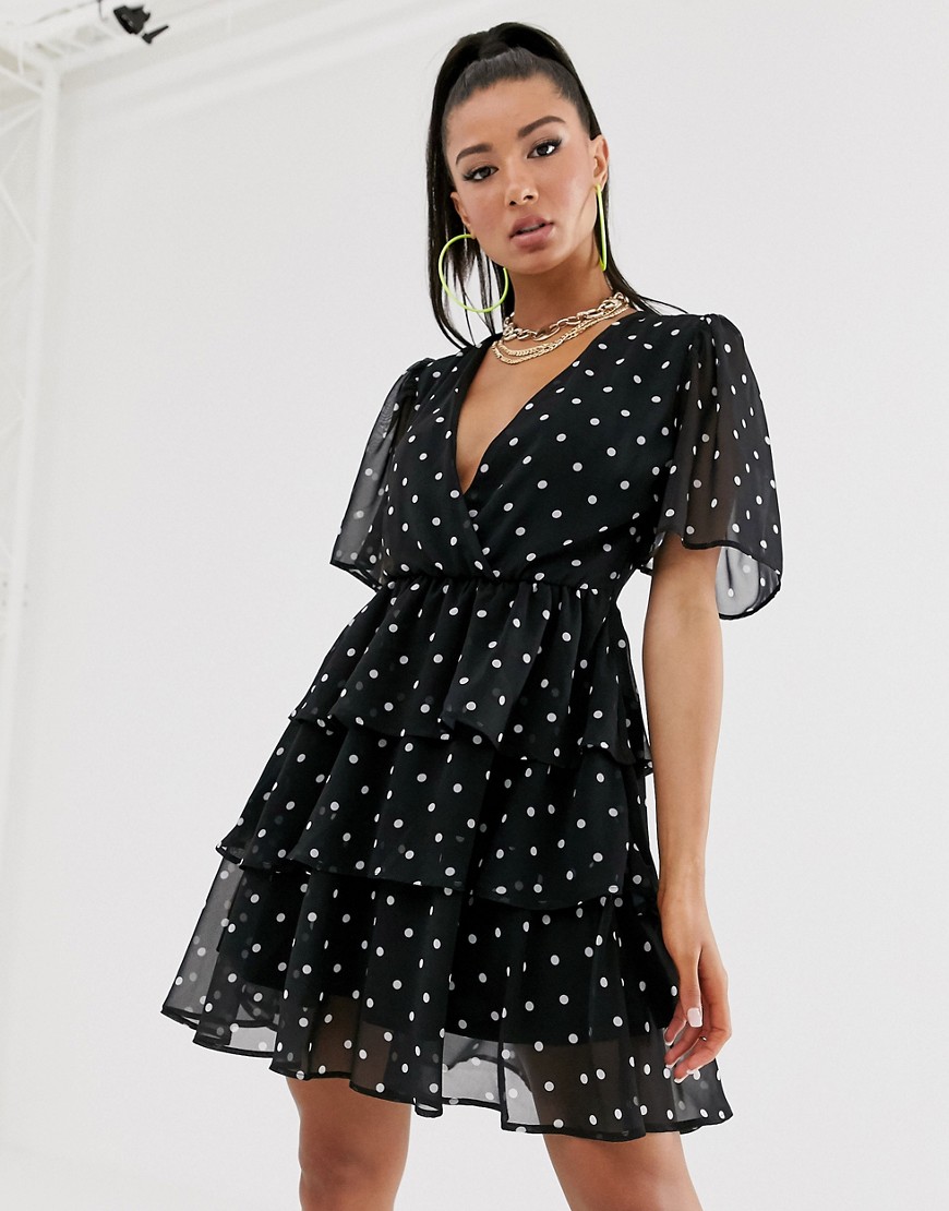NA-KD polka dot v-neck tiered mini dress in black