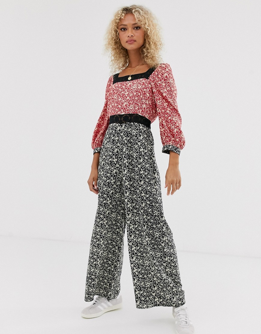 ASOS DESIGN mixed ditsy floral print jumpsuit with lace trim