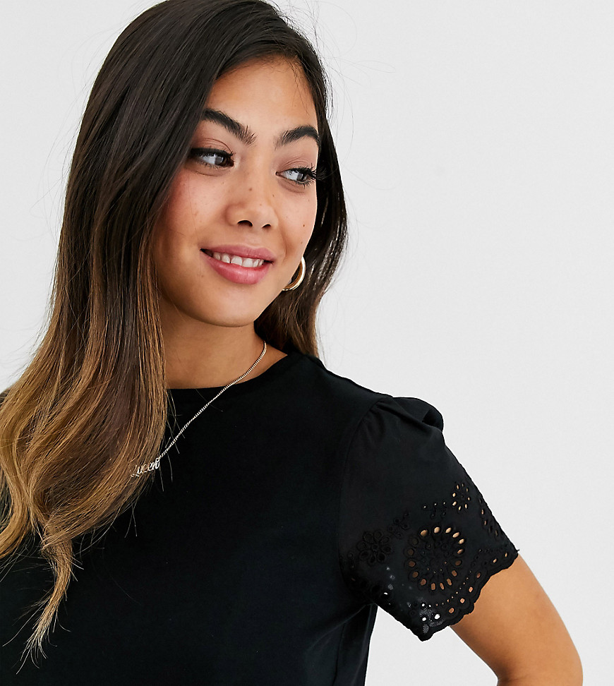 ASOS DESIGN Petite t-shirt with broderie sleeve in black