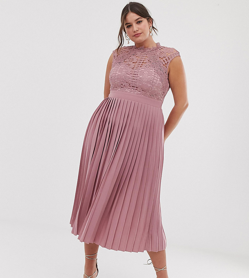 Little Mistress Plus lace top midaxi dress with pleated skirt in blush