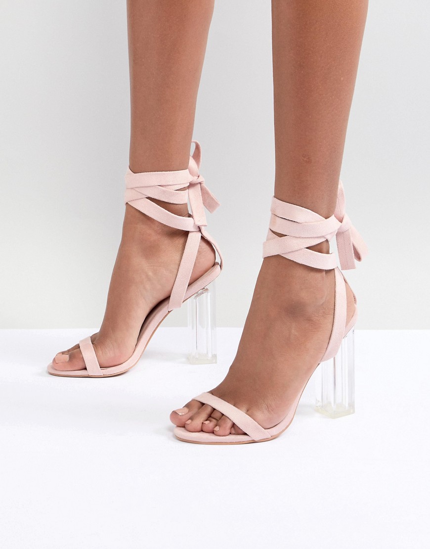 PrettyLittleThing Tie Around Clear Heeled Sandals - Light pink