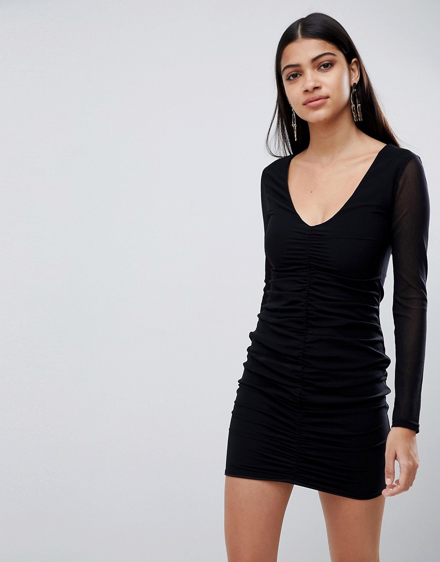 Lasula ruched front bodycon dress in black