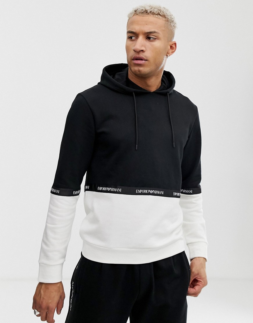 Emporio Armani colour block hoodie in black/white with taped detail