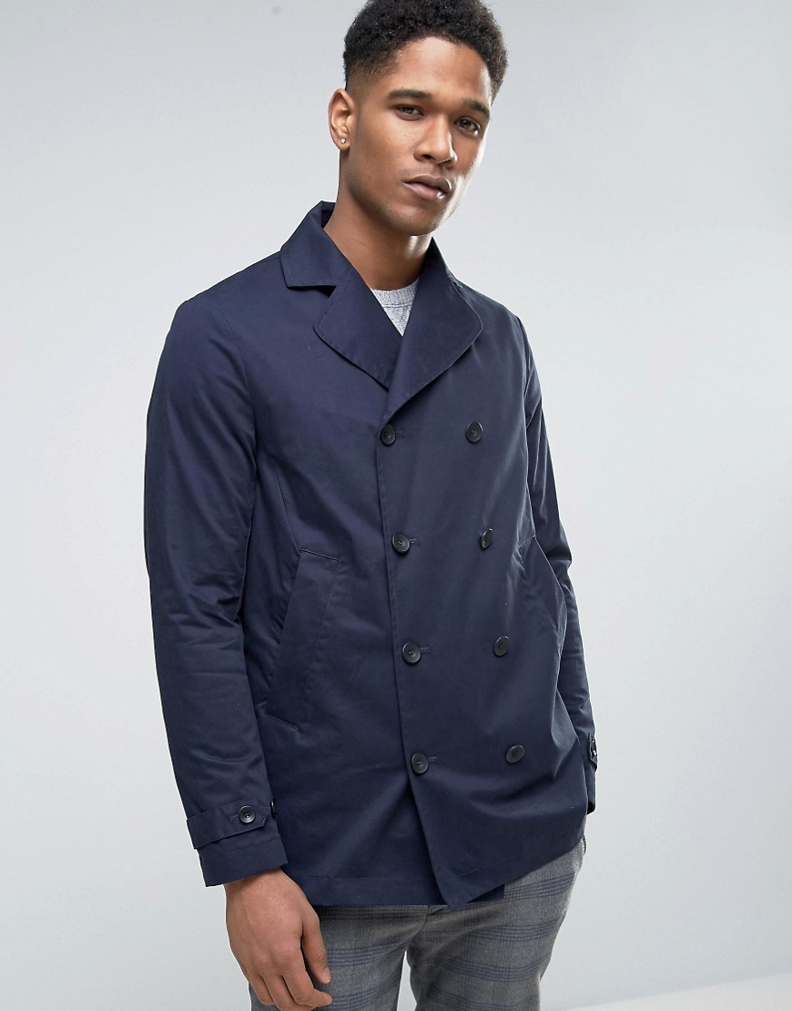 Двубортное пальто-бушлат на вощеной подкладке Sisley - Темно-синий 