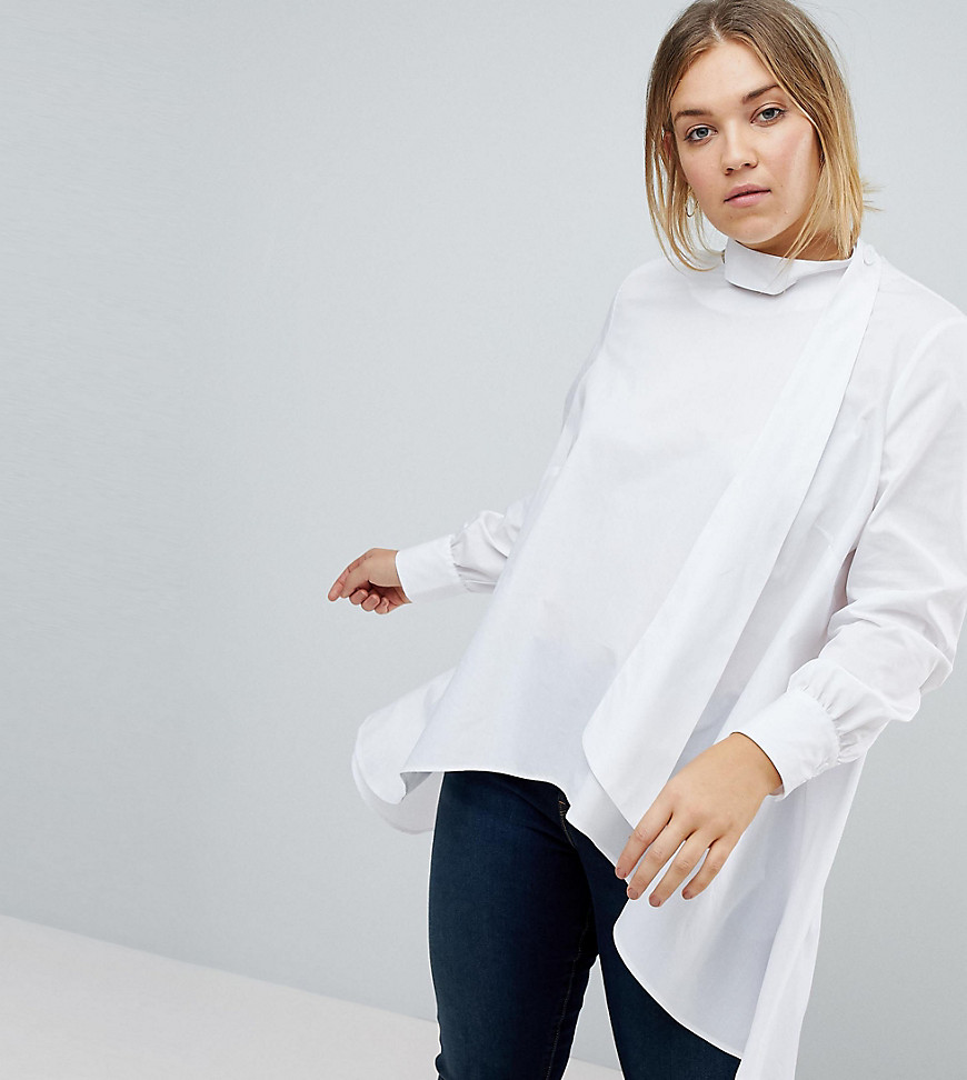 ASOS CURVE Longline Shirt with Scarf Detail - White