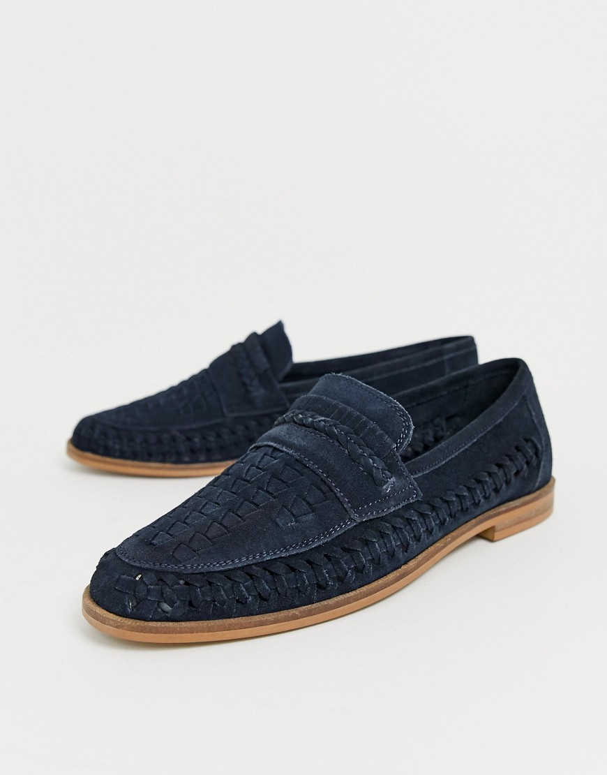 Moss London suede woven loafer in navy