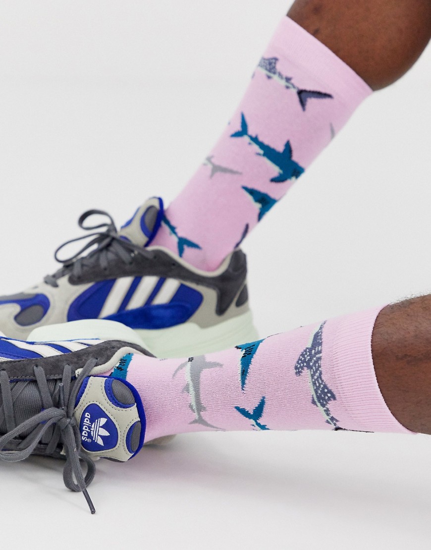 ASOS DESIGN all over print shark ankle sock in pink