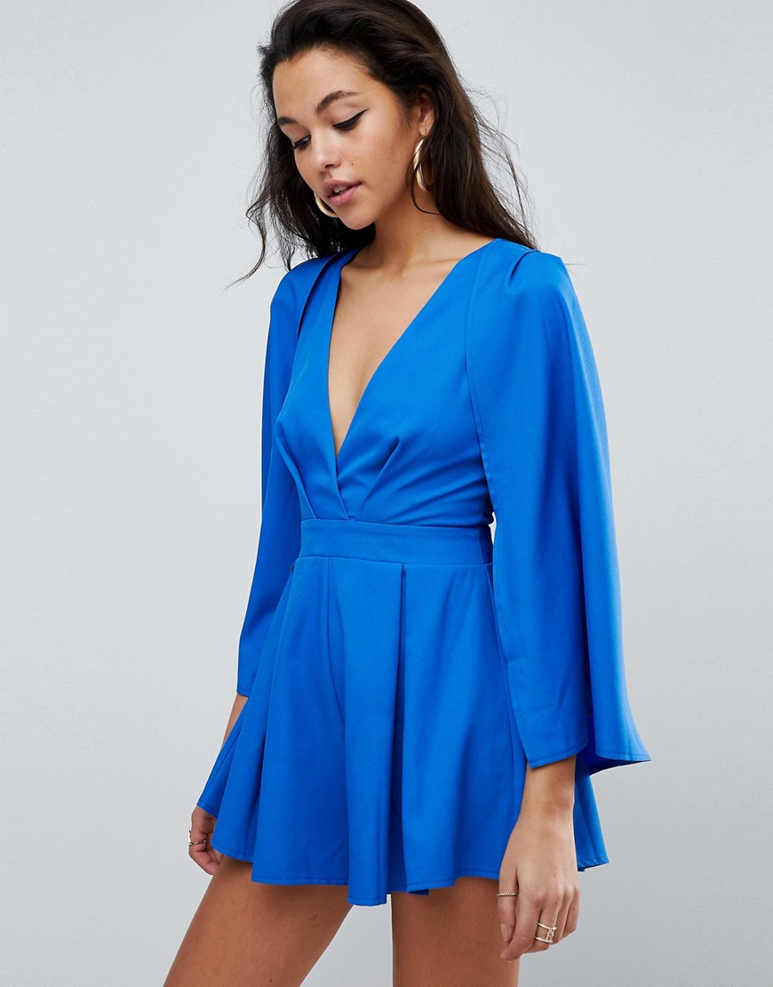 Parallel Lines Playsuit With Cape Sleeves - Cobalt