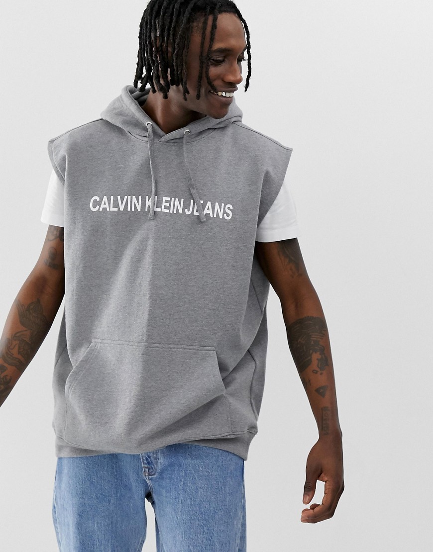Calvin Klein Jeans chest logo sleeveless hoodie in grey marl