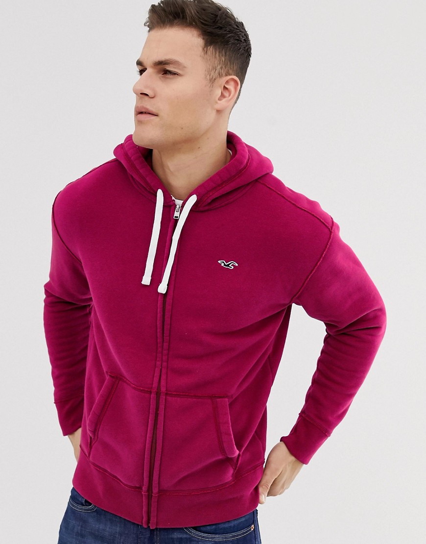 Hollister chest logo full zip hoodie in burgundy