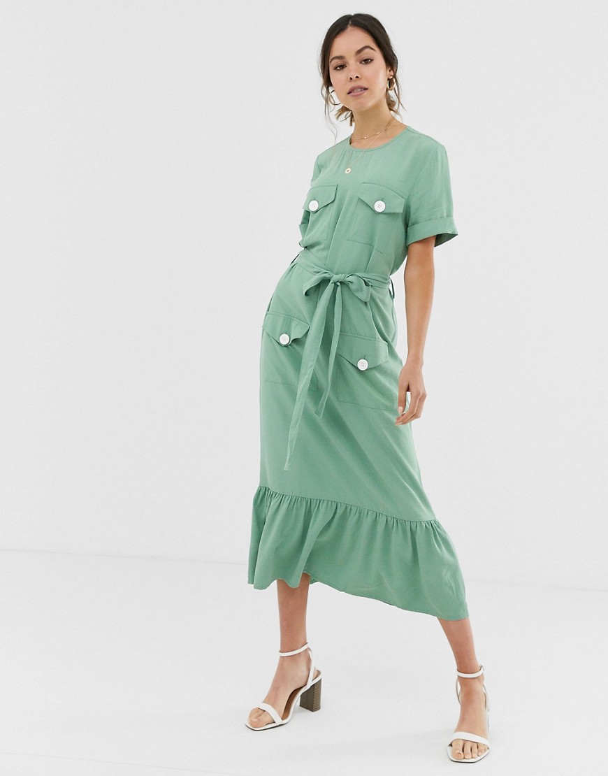 Asos Design Pep Hem Midi Dress With Pockets-green