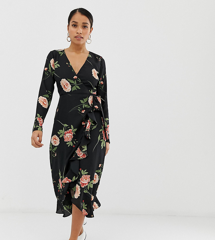 Fashion Union Petite wrap midi dress in oversize floral