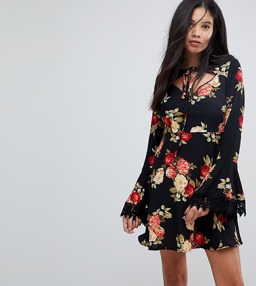 Kiss The Sky Tall Tea Dress In Floral With Tie Neck Detail