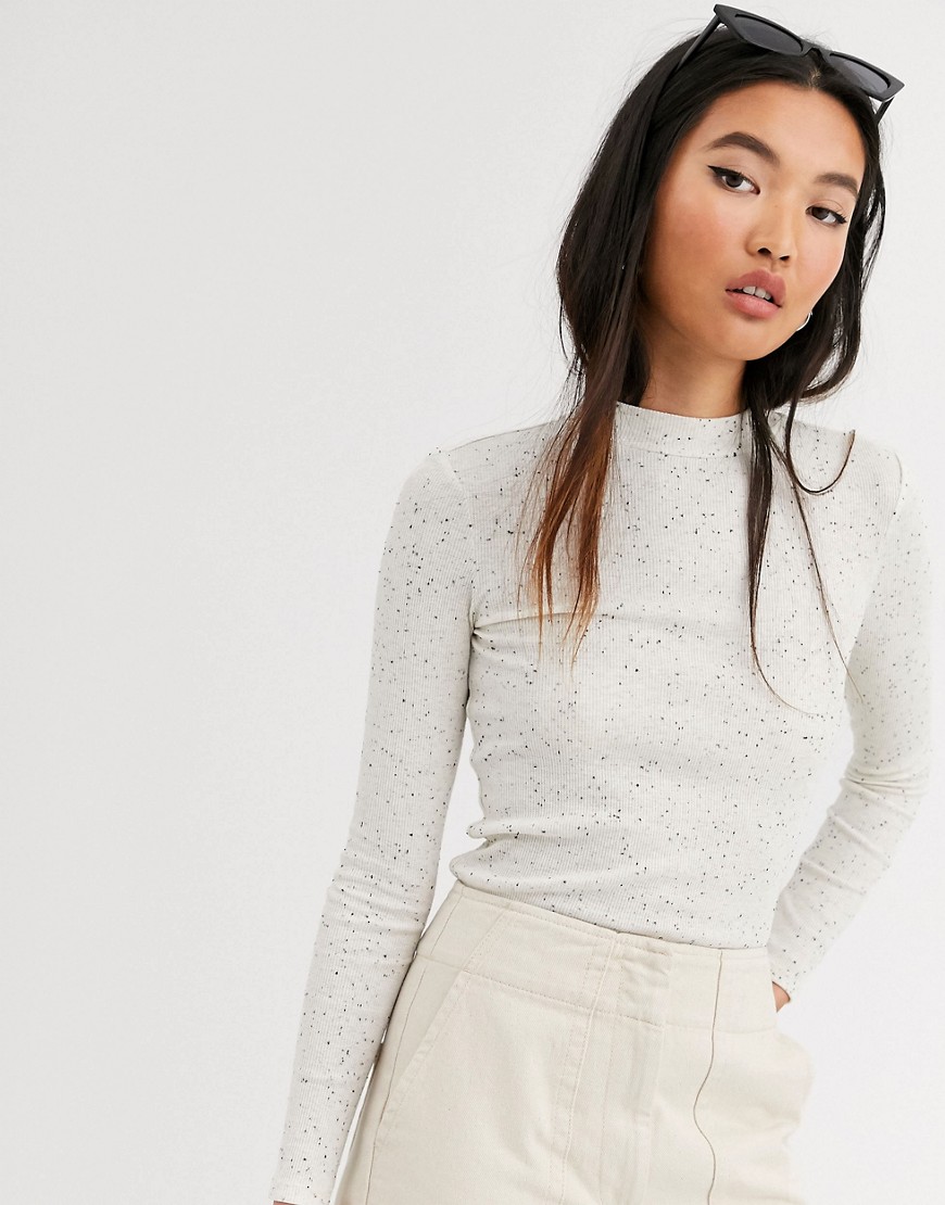 Monki ribbed high neck jersey top in off white