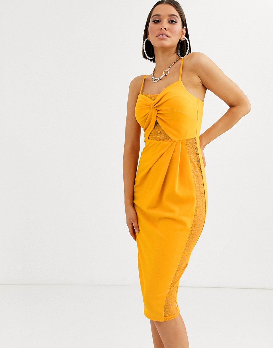 Asos Design Lace Insert Knot Detail Slip Midi Dress-yellow | ModeSens