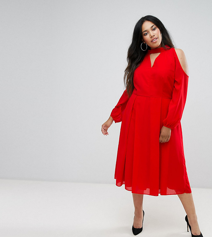 Truly You Long Sleeve Midi Dress With Cold Shoulder And Choker Detail