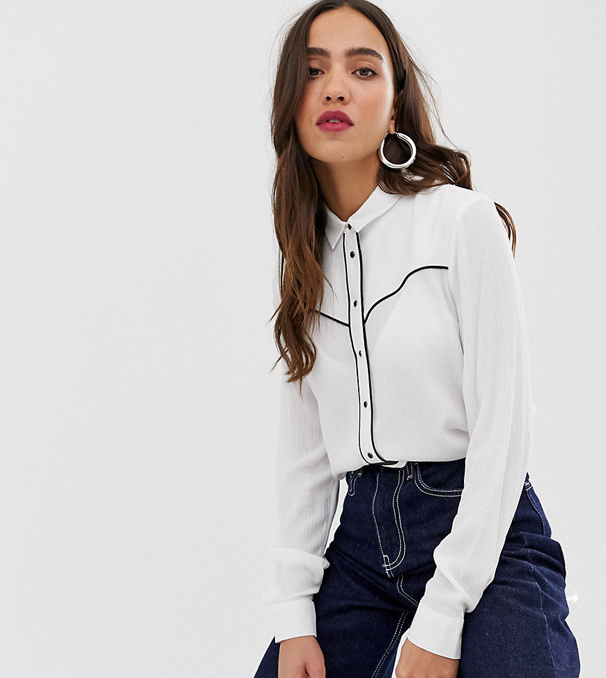 Stradivarius rodeo style shirt with piping in white