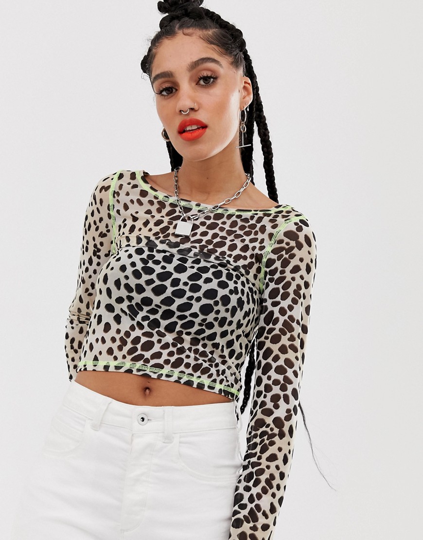 ASOS DESIGN long sleeve mesh top in cheetah print with neon stitching