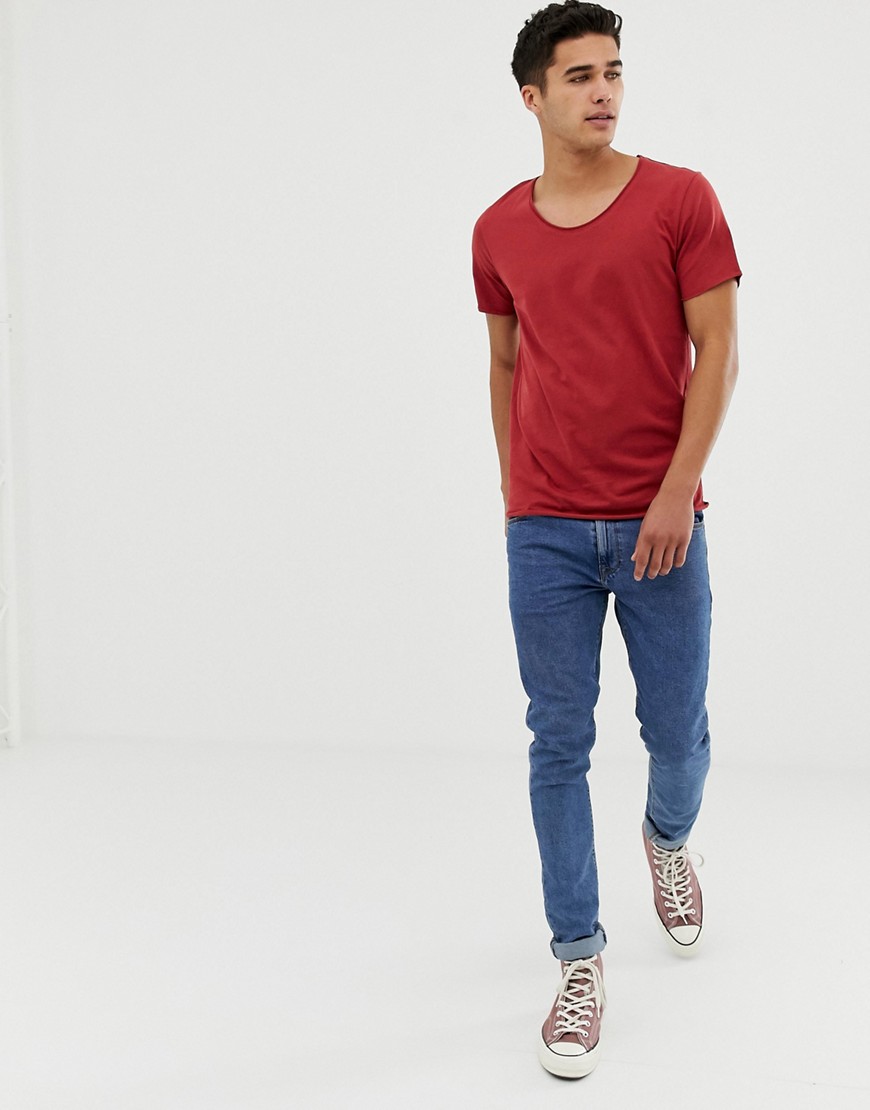 Selected Homme scoop neck rolled hem t-shirt in red