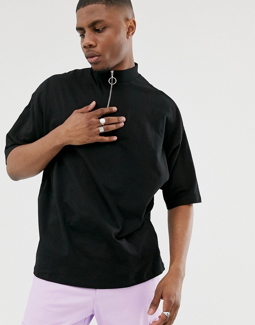 ASOS DESIGN oversized t-shirt with half sleeve and turtle zip neck in black