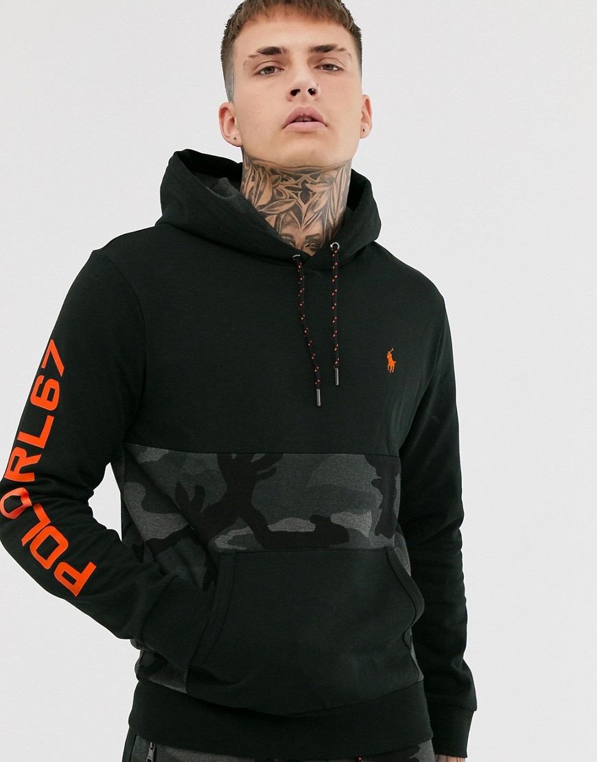 Polo Ralph Lauren hoodie in black with camo panel and player logo and sleeve print