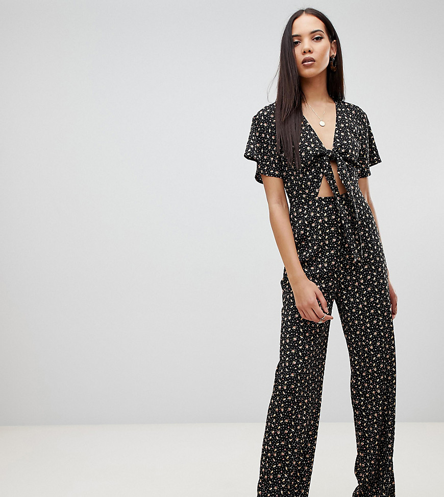 Fashion Union Tall tie front jumpsuit in floral heart print