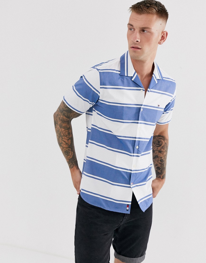 Tommy Hilfiger horizontal block stripe short sleeve buttondown shirt icon logo in blue/white