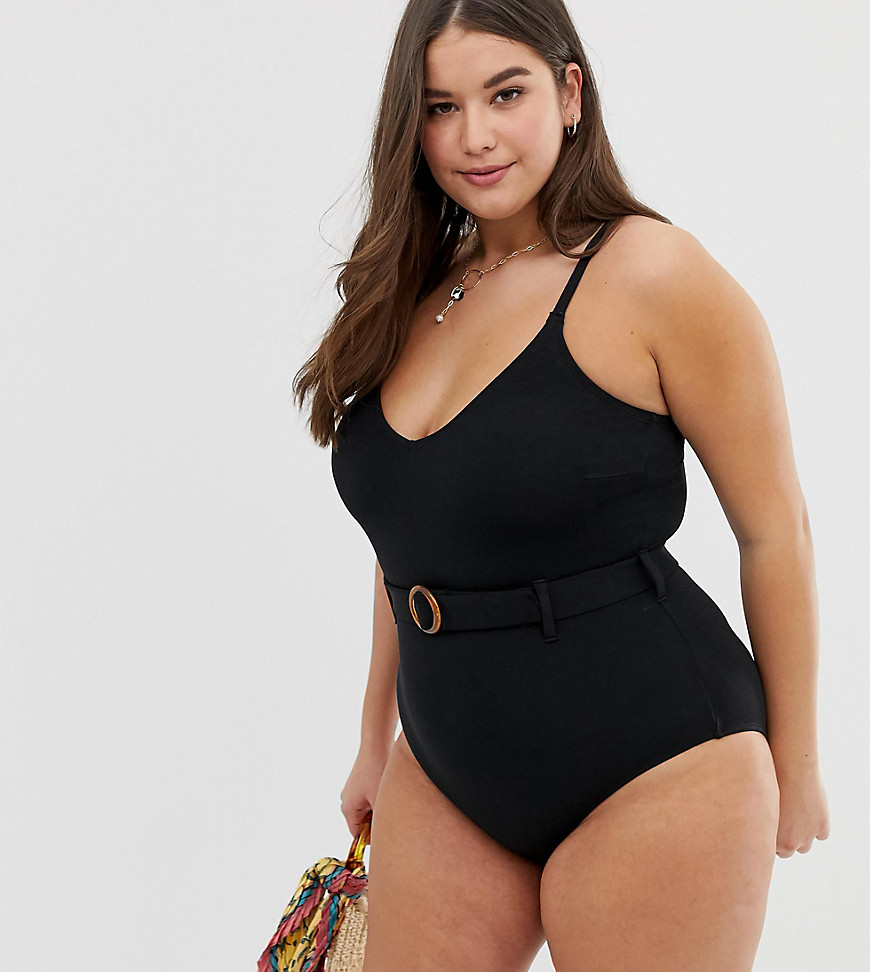 New Look Curve belted swimsuit in black