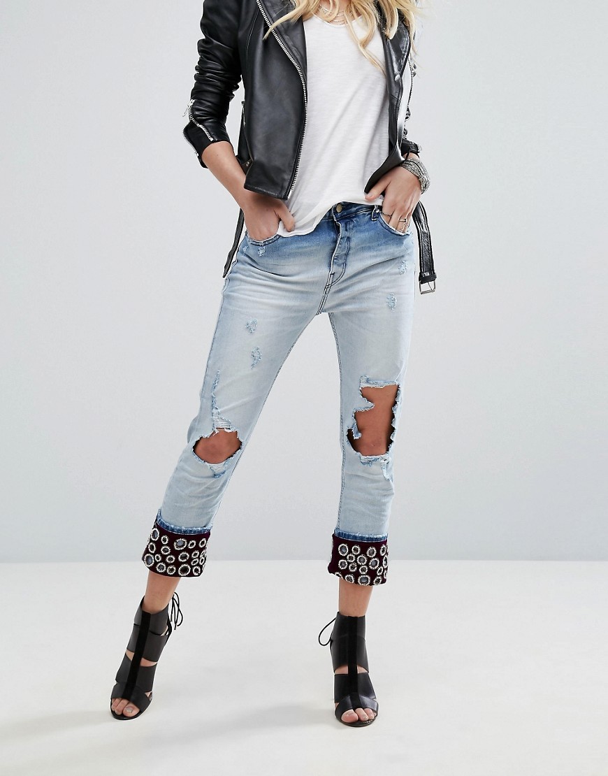 Replay Boyfriend Jeans with Embellished Turn Up - 010 mid blue