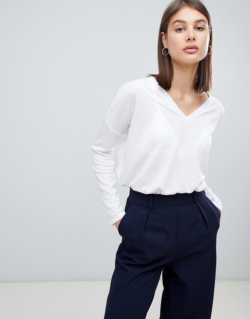 ASOS DESIGN top with v-neck in oversized lightweight rib in white
